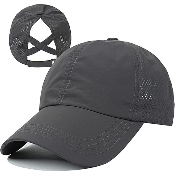 Accessories - Women's Dark Grey Criss Cross Ponytail Adjustable High Messy Bun Baseball Cap